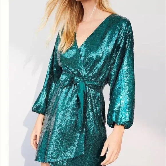 Anthropologie Green Metallic Lisabette Sequined Mini Dress NWT Size XS - Picture 5 of 9